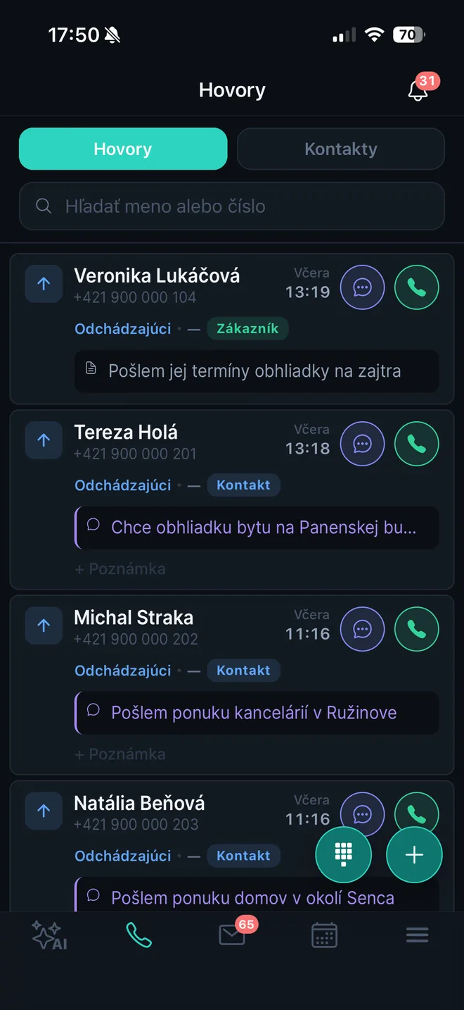 Mobilná aplikácia Realnexa — prehľad hovorov s poznámkami ku kontaktom
