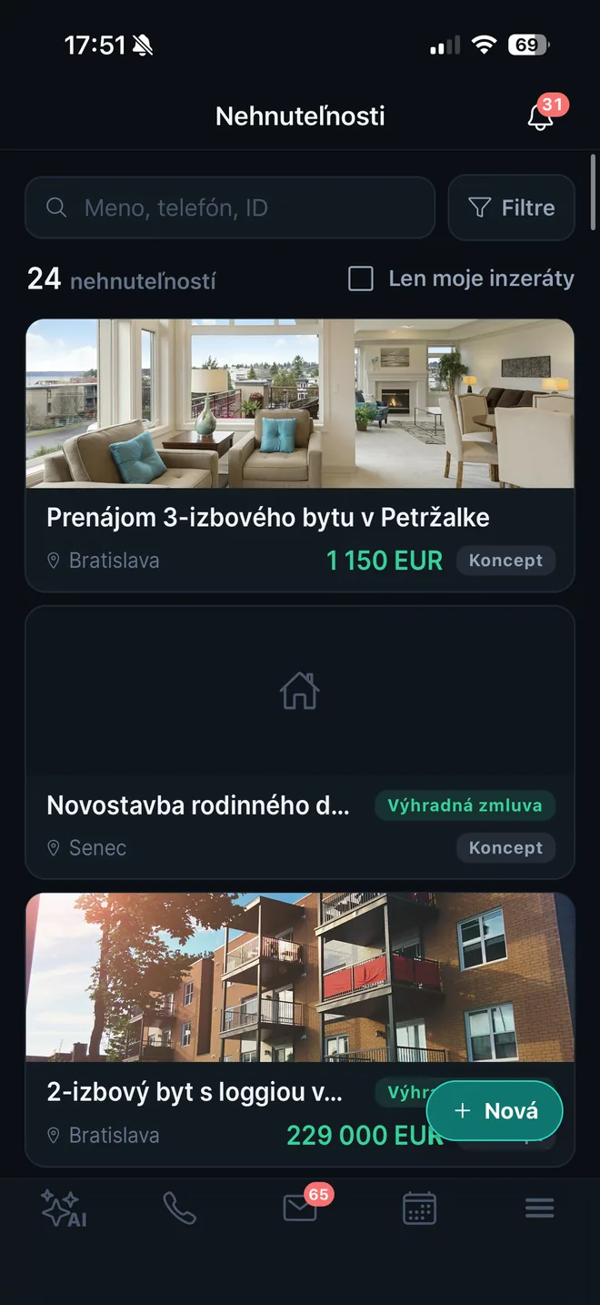 Mobilná aplikácia Realnexa — zoznam nehnuteľností s fotkami a cenami
