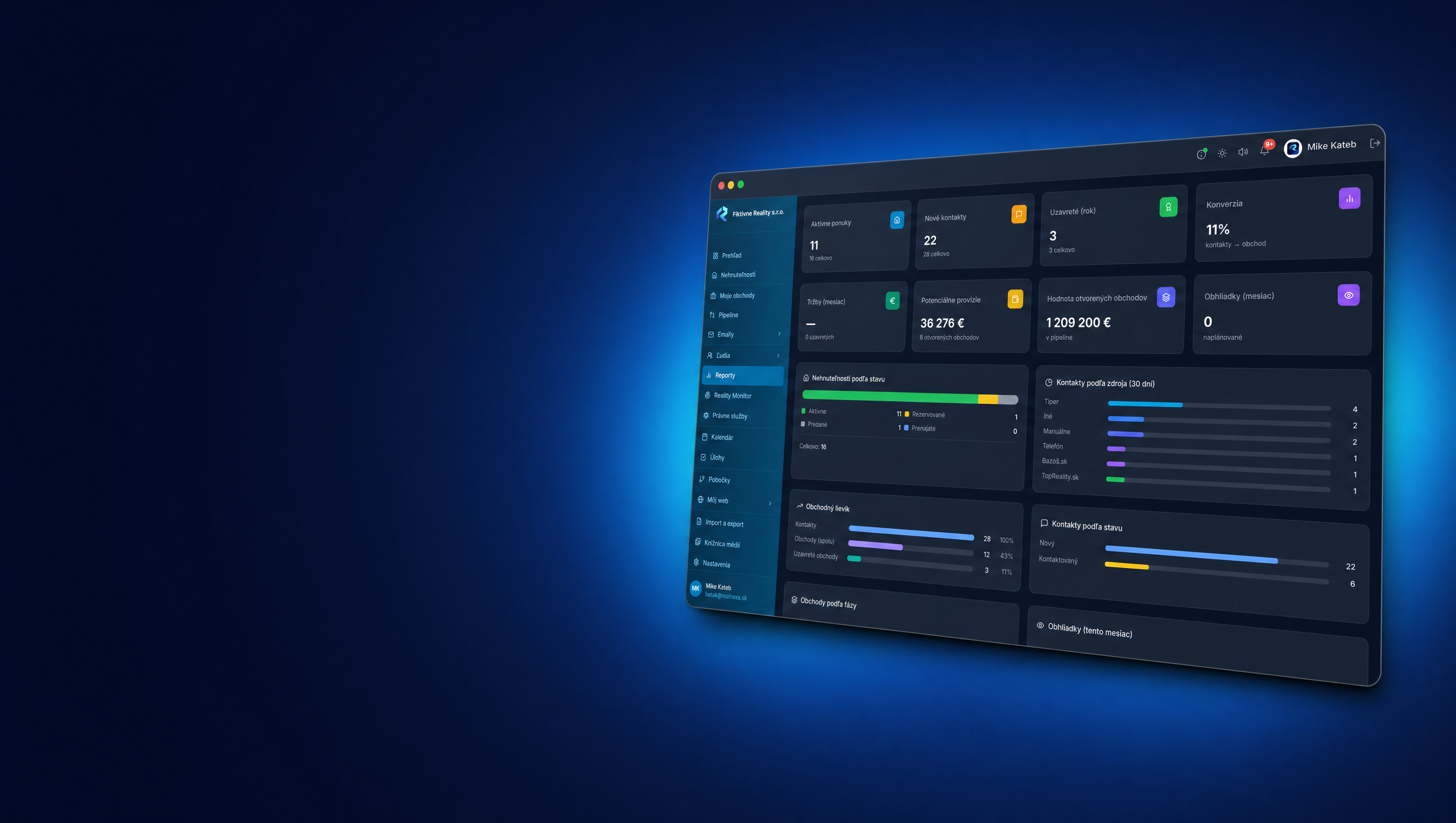 Realnexa — prehľadová obrazovka realitného CRM systému